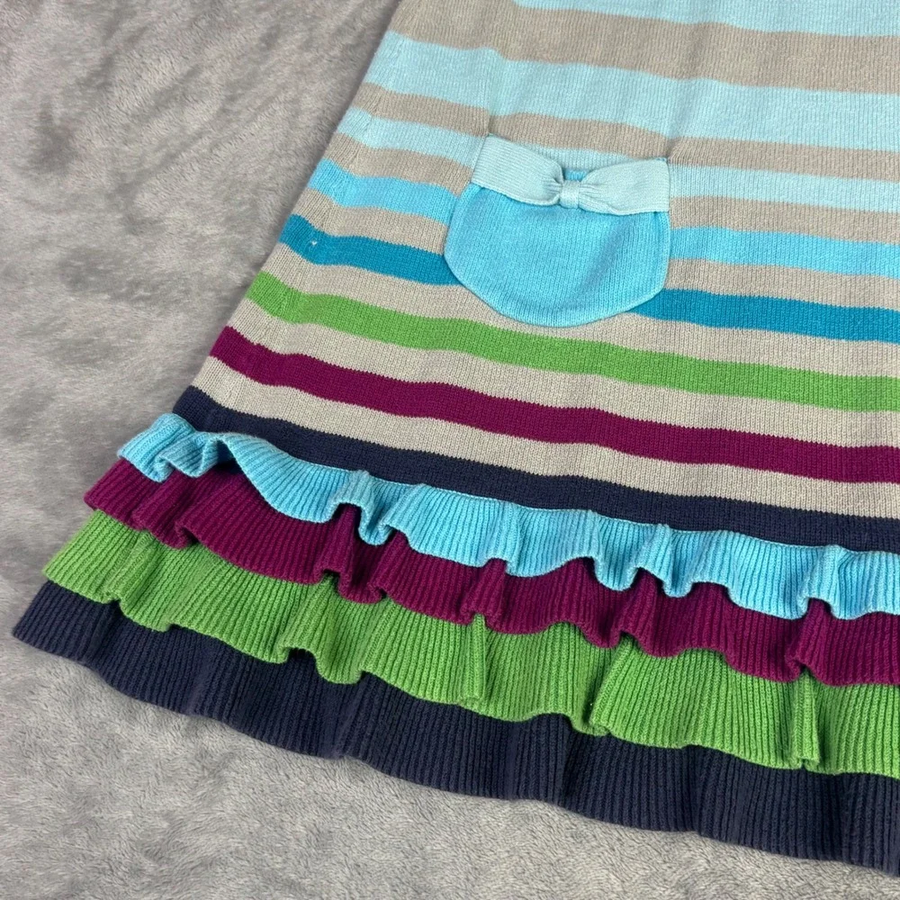 Hanna Andersson Sweater Dress‎ Girls 10 Blue Striped Bow Pocket Ruffle Hem 39186